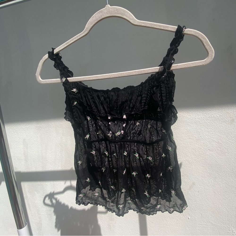 Y2K RARE Victoria’s Secret Black Floral Embroidered Babydoll Cami Top Size S - Picture 5 of 9
